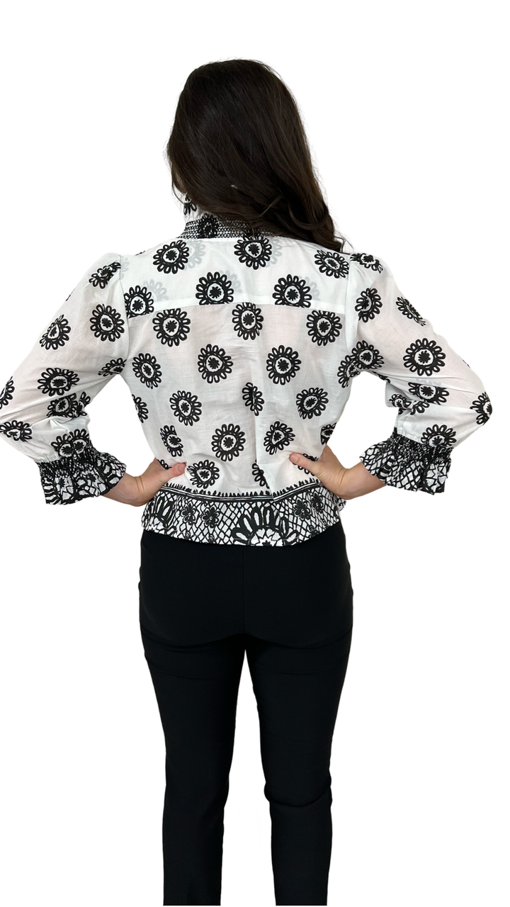 The Amelia Ruffle Front Top in Optic Black White Border Print — view 4