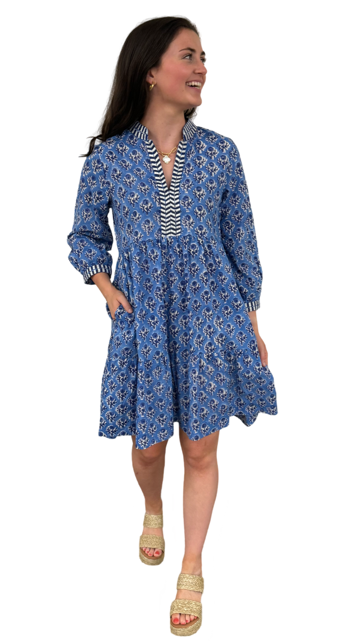 The Naomi Hand Block Printed Cotton Embroidered Dress in Brilliant Blue and White Floral — view 3