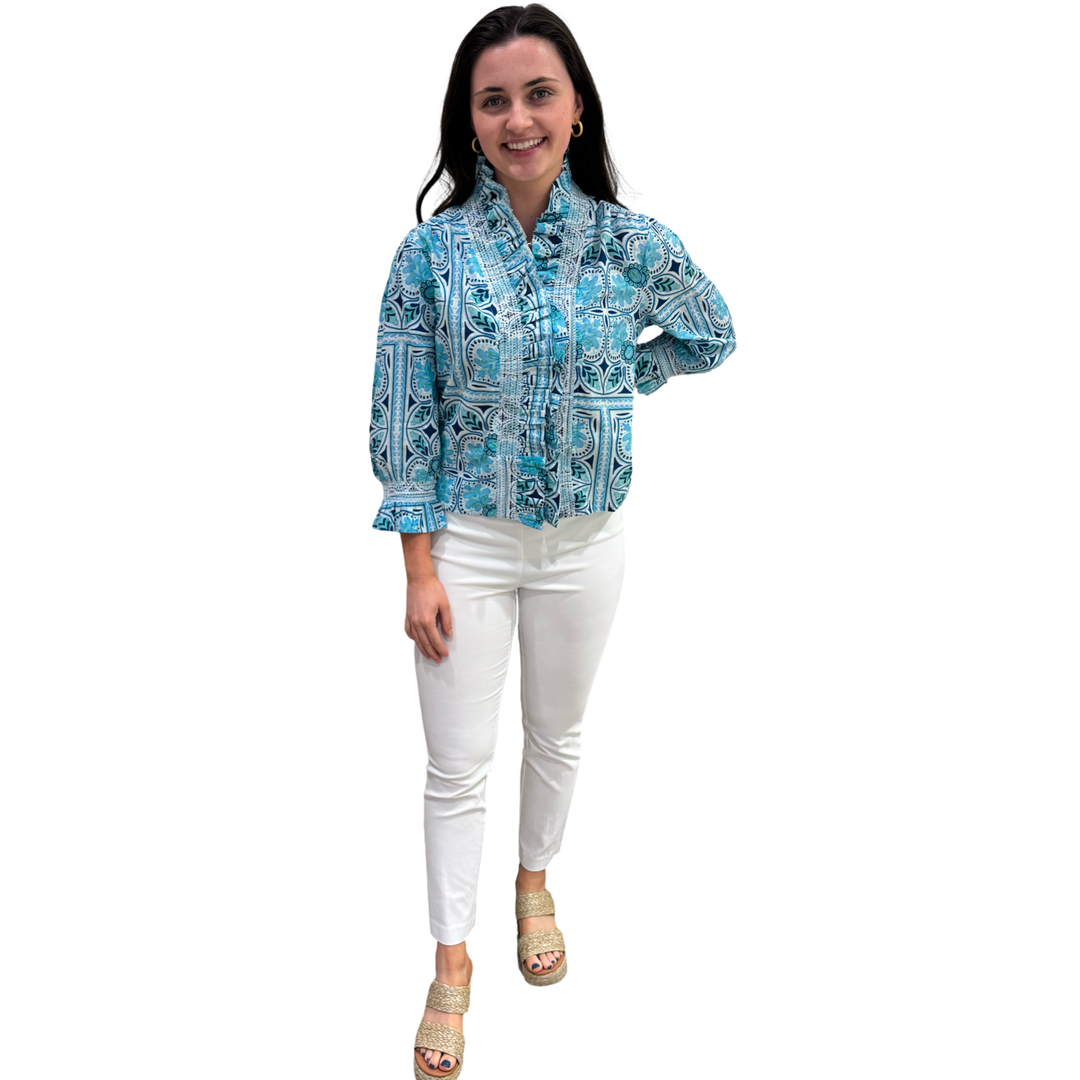 The Amelia Ruffle Front Cotton Top in Aqua Tile Print — view 2