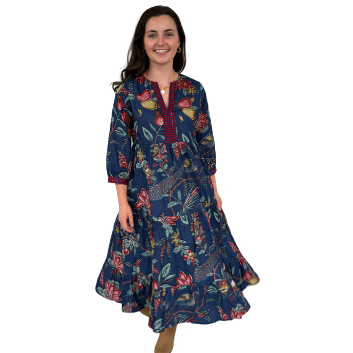 The Daniella Embroidered Trim Dress in Deep Navy Hand Blocked Floral — view 5