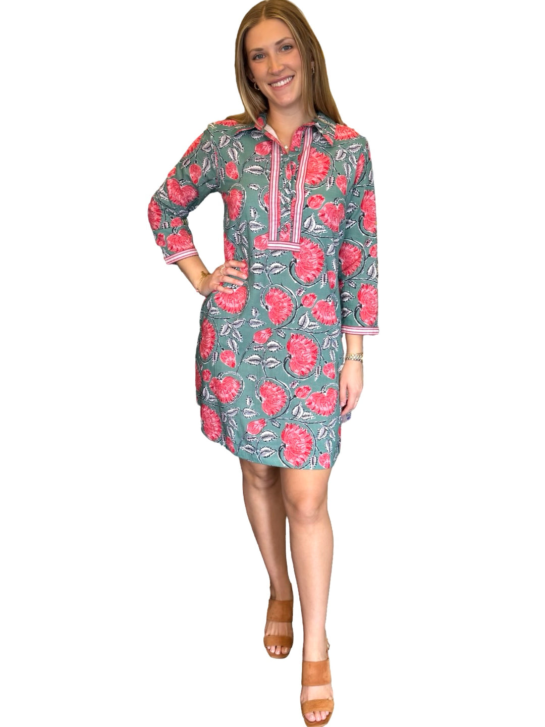 The Annika Cotton Button Front Dress in Green and Red Crimson Hand Block Printed Floral