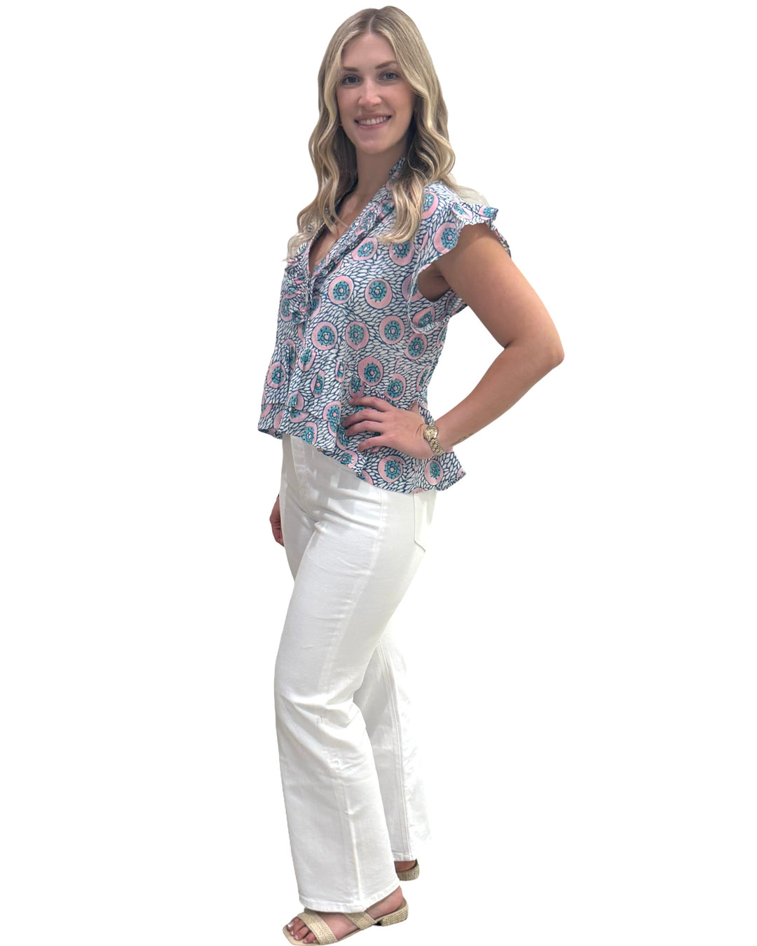 The Bella Ruffle Trim Top in Aqua Pink Hand Block — view 4