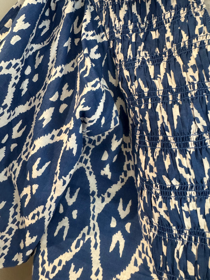 The Joanie Smocked Dress in Blue White Ikat