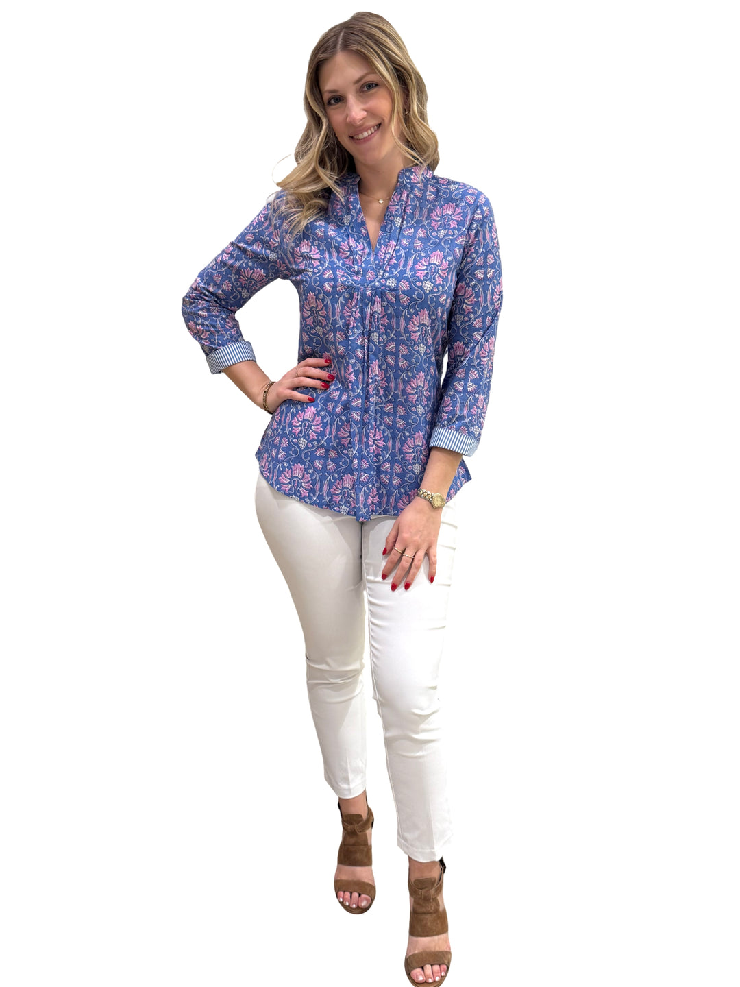 The Eloise Hand Block Printed Cotton Top in Blue and Lavender — view 3