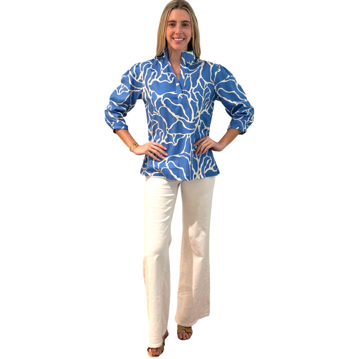 The Shipley Stand-Up Collar Top in Blue White Abstract — view 3