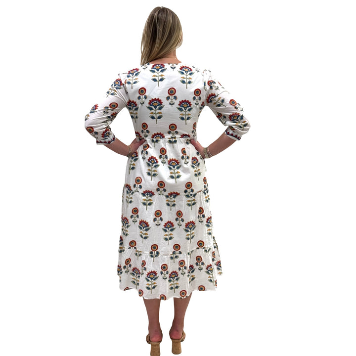The Daniella Embroidered Trim Dress in Hand Blocked White Floral — view 5