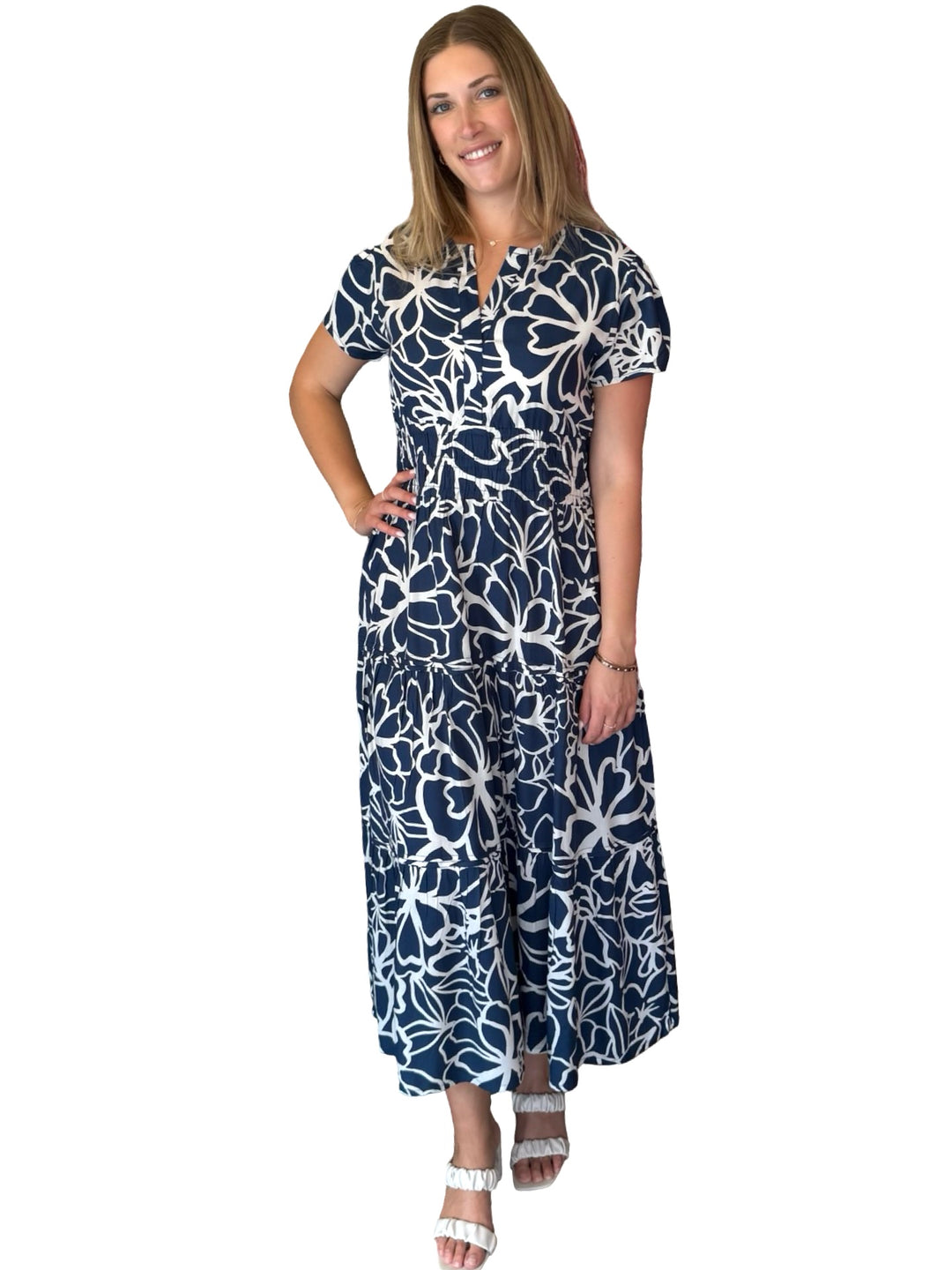 The Sydney Short Sleeve Cinch Waist Dress in Navy White Abstact Floral — view 2
