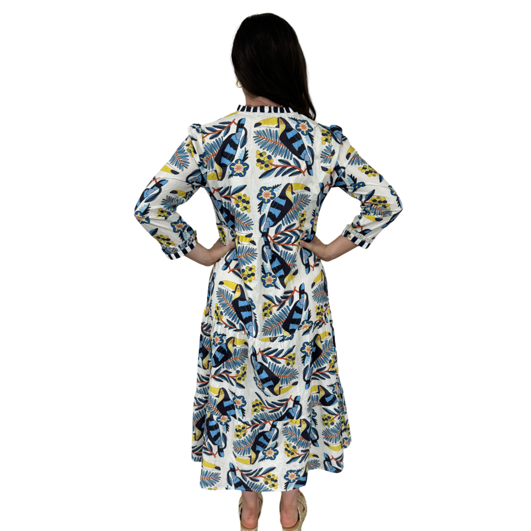 The Penny Toucan Print Midi Dress with Striped Trim — view 8