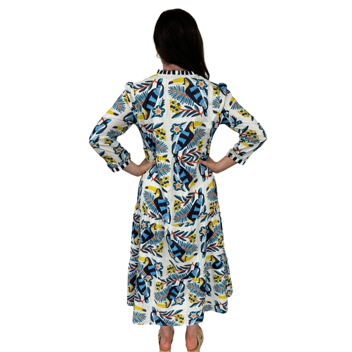 The Penny Toucan Print Midi Dress with Striped Trim — view 8