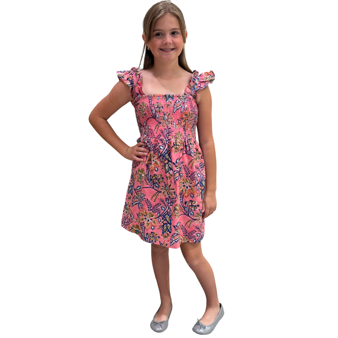 The Cloey Smocked Hand Block Printed Dress for Girls in Pink Floral