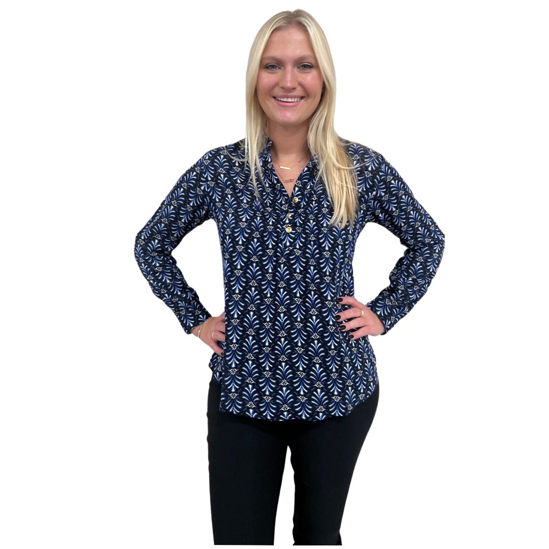 The Avery Button Front Top in Black and Blue Rayon Crepe