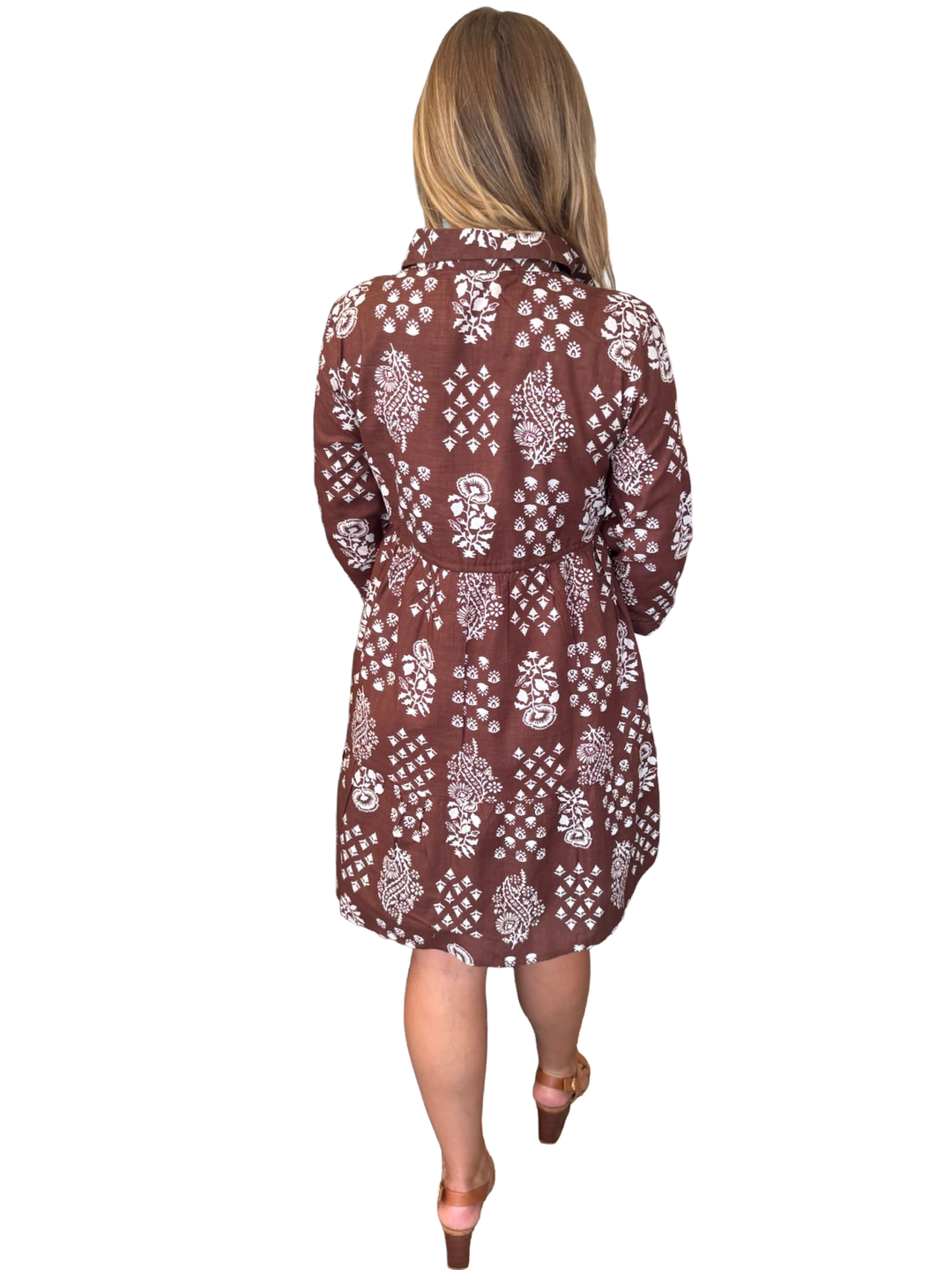 The Hamilton Cinch Waist Dress in Brown and White