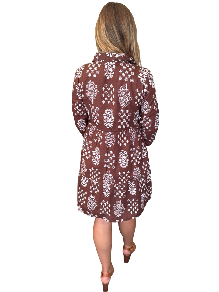 The Hamilton Cinch Waist Dress in Brown and White