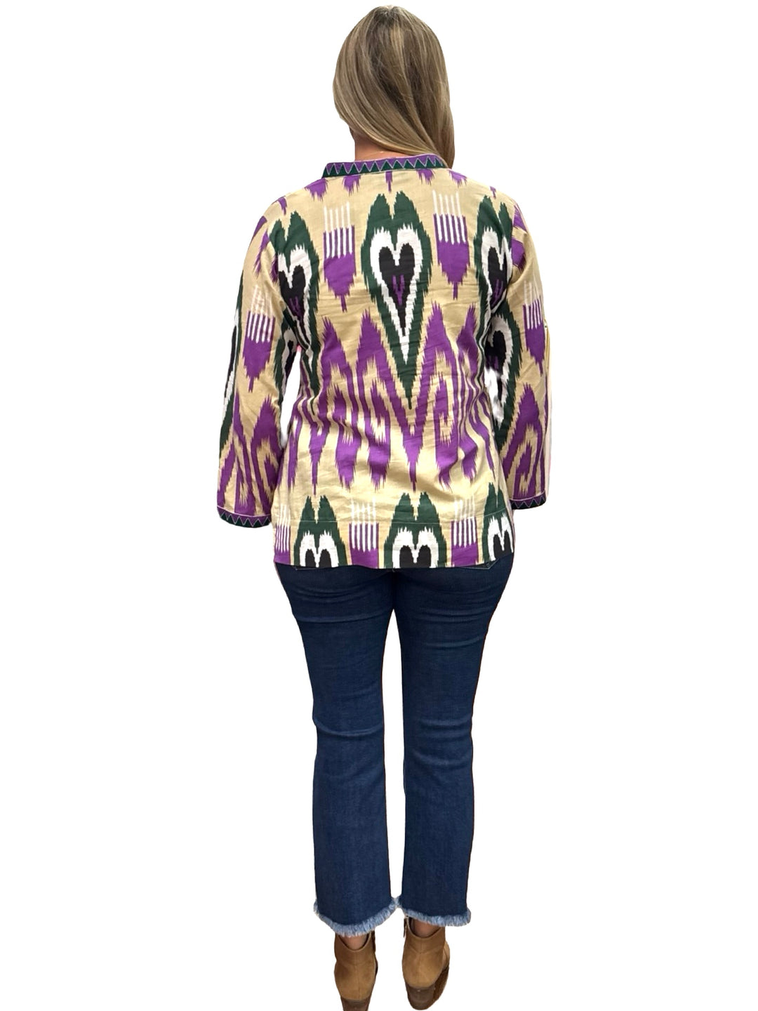 The Winslow Embroidered Trim Tunic in Green Purple Ikat
