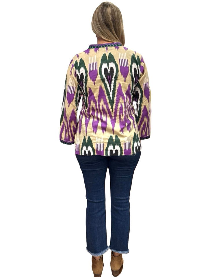 The Winslow Embroidered Trim Tunic in Green Purple Ikat