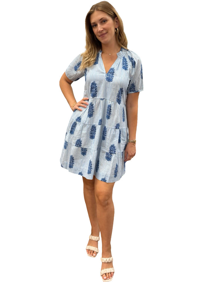 The Dahlia Smocked Neck Dress in Blue Striped Block Printed Cotton