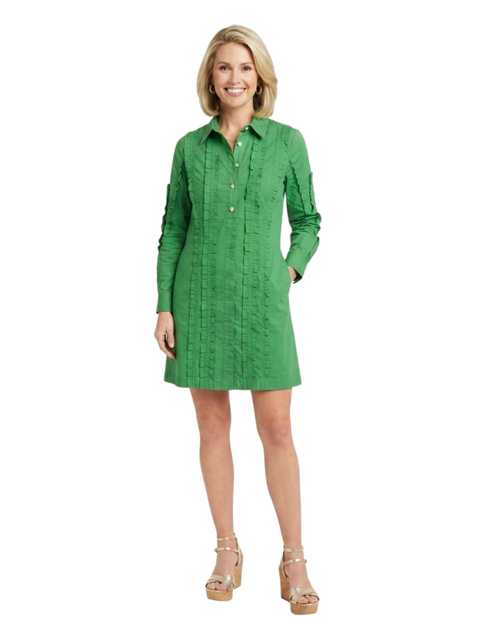 The Annika Button Front Shirt Dress in Emerald Green Ruffled Cotton
