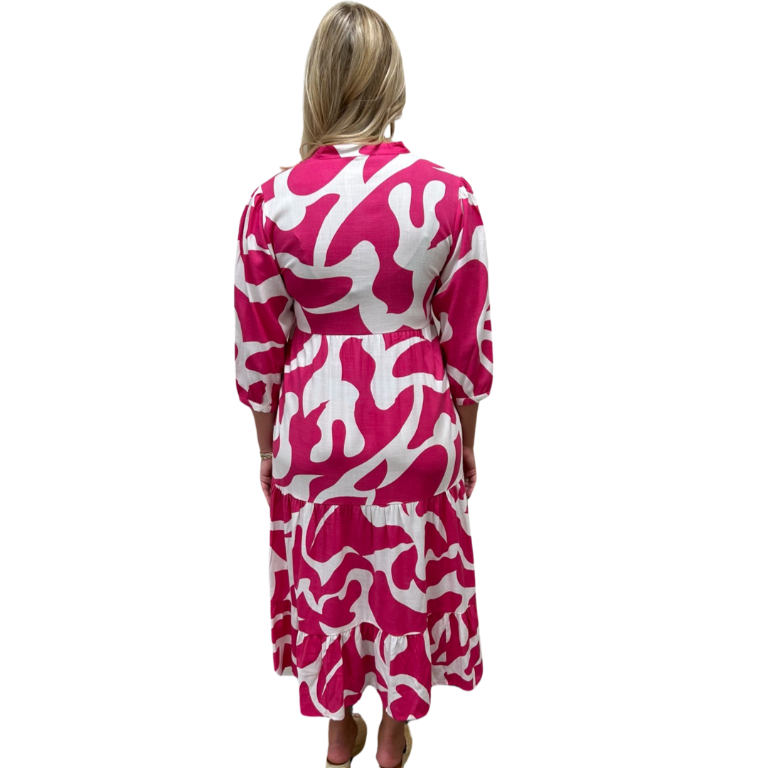The Addison Long Length Notch Neck Dress in Pink and White – Liza Byrd
