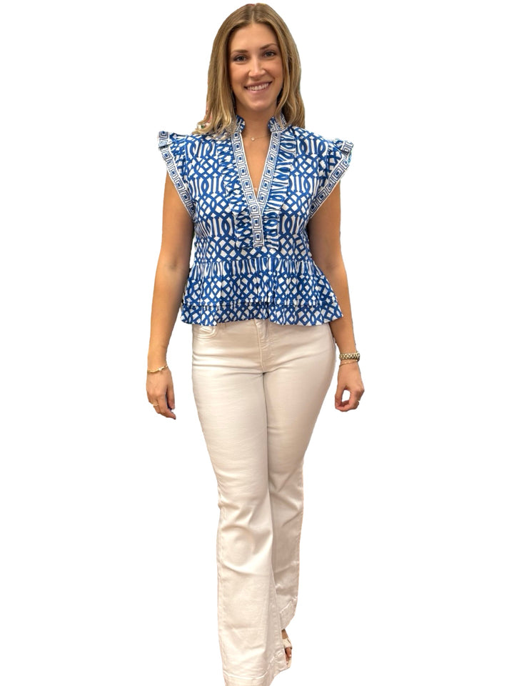 The Bella Ruffle Trim Top in Blue Trellis Cotton — view 4