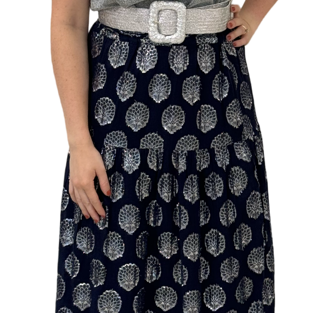 The Lila Elastic Waist Skirt in Navy and Silver — view 6