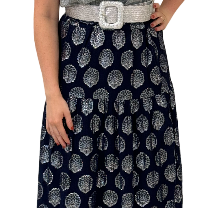 The Lila Elastic Waist Skirt in Navy and Silver — view 6