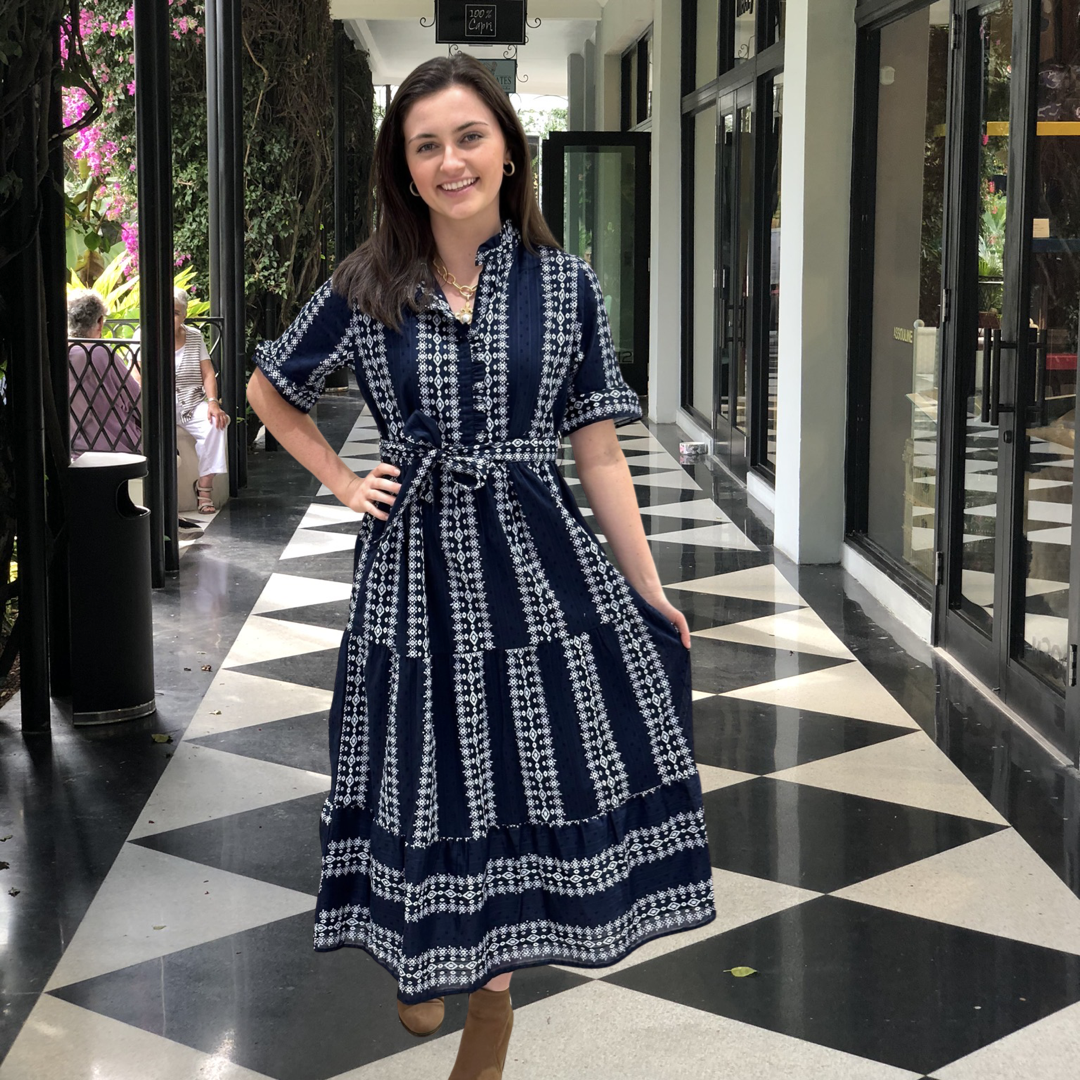 navy and white embroidered dress Navy Floral Embroidered Satin Roll Collar Gown