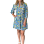 The Daniella Embroidered Trim 3/4 Sleeve Dress in Blue Green Multi