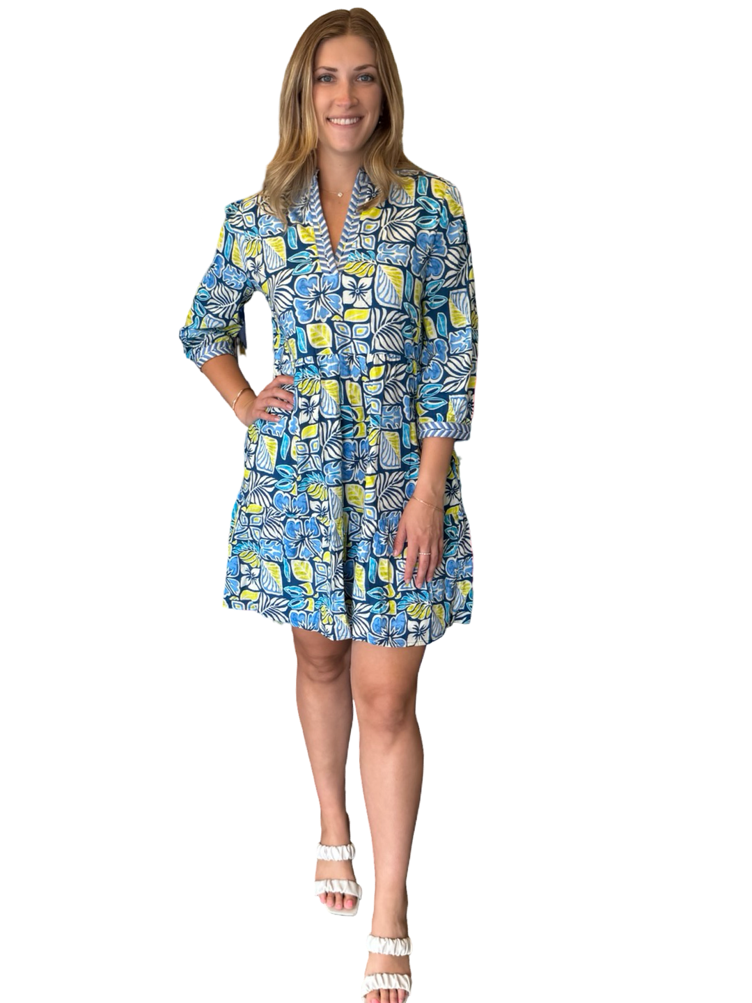 The Daniella Embroidered Trim 3/4 Sleeve Dress in Blue Green Multi