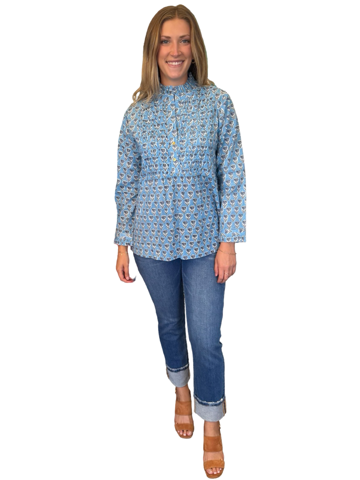 The Veronica Smocked Front Top in Light Blue Hand Block Printed Floral