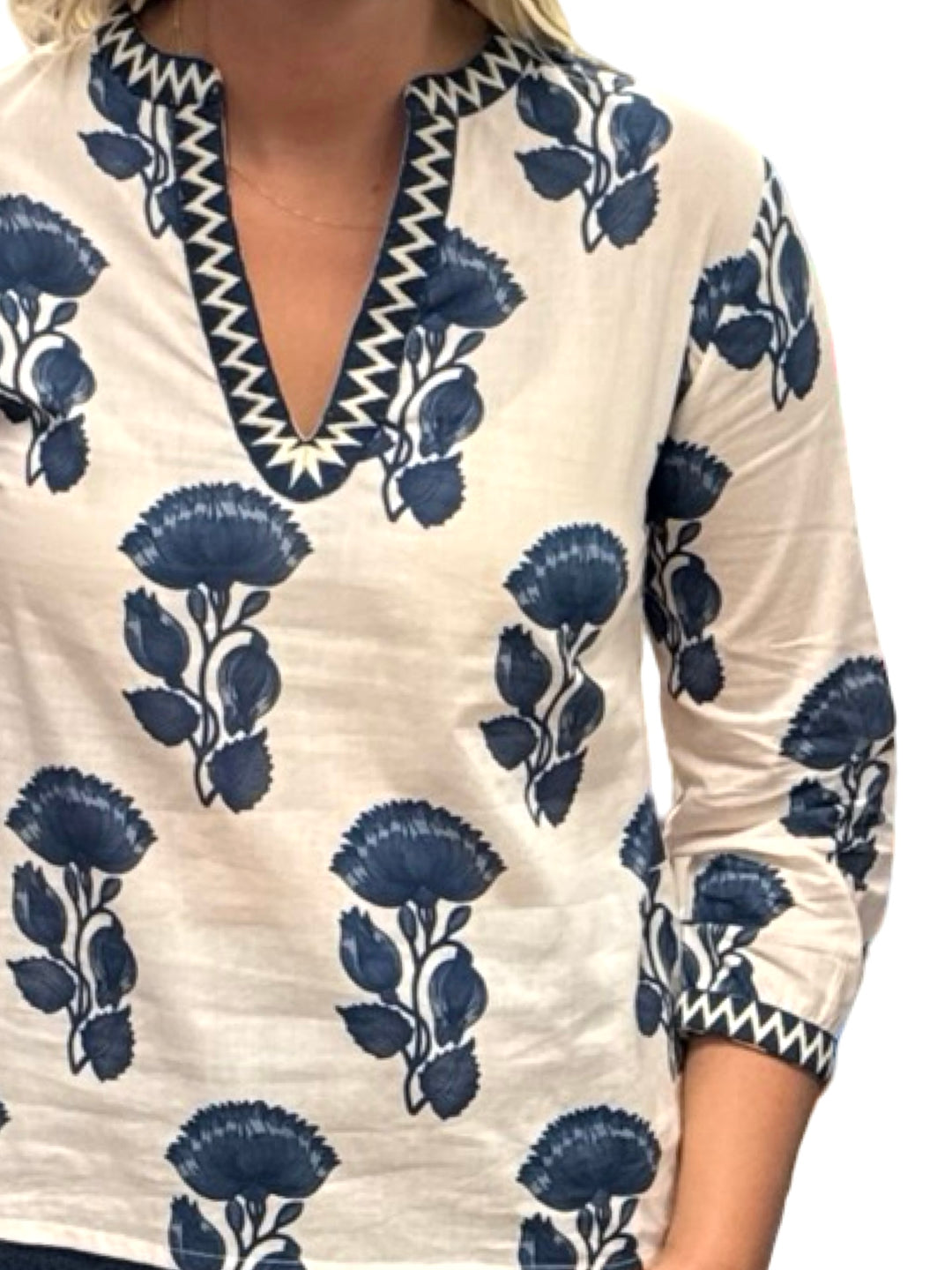 The Kelsea Embroidered Trim Top in Navy White Lotus Floral Print