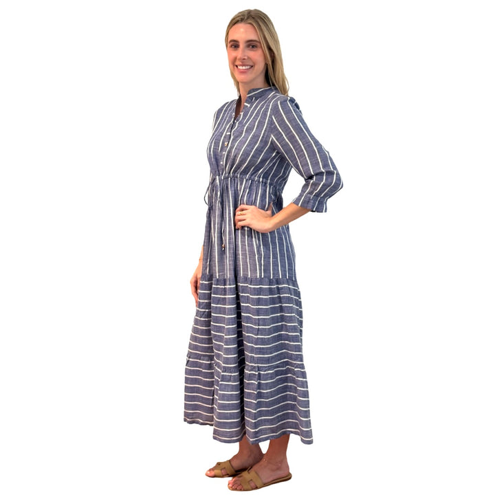 The Hamilton Chambray Stripe Tie Waist Dress in Blue and White — view 6