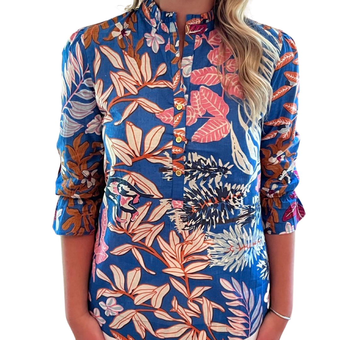 The Eleanor Button Placket Top in Brilliant Blue Floral — view 6