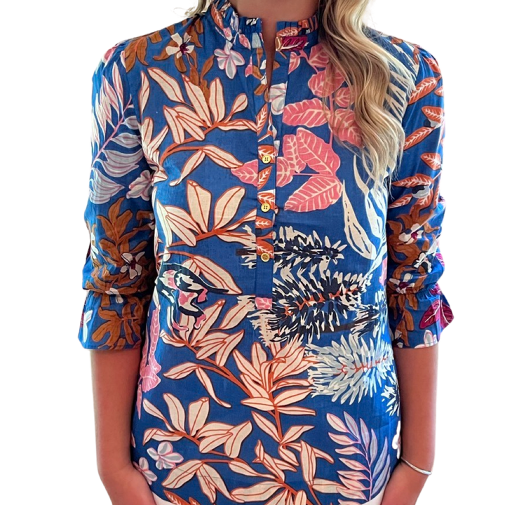 The Eleanor Button Placket Top in Brilliant Blue Floral — view 6