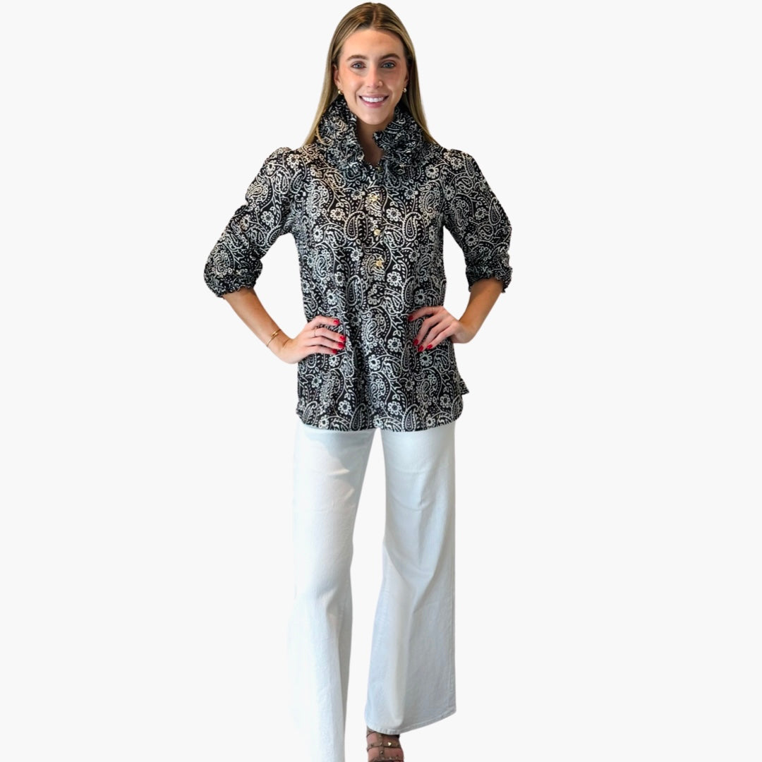 The Maria Ruffle Collar Blouse in Black and White