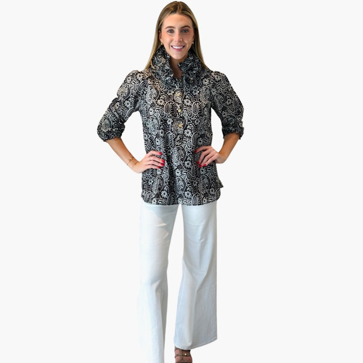 The Maria Ruffle Collar Blouse in Black and White