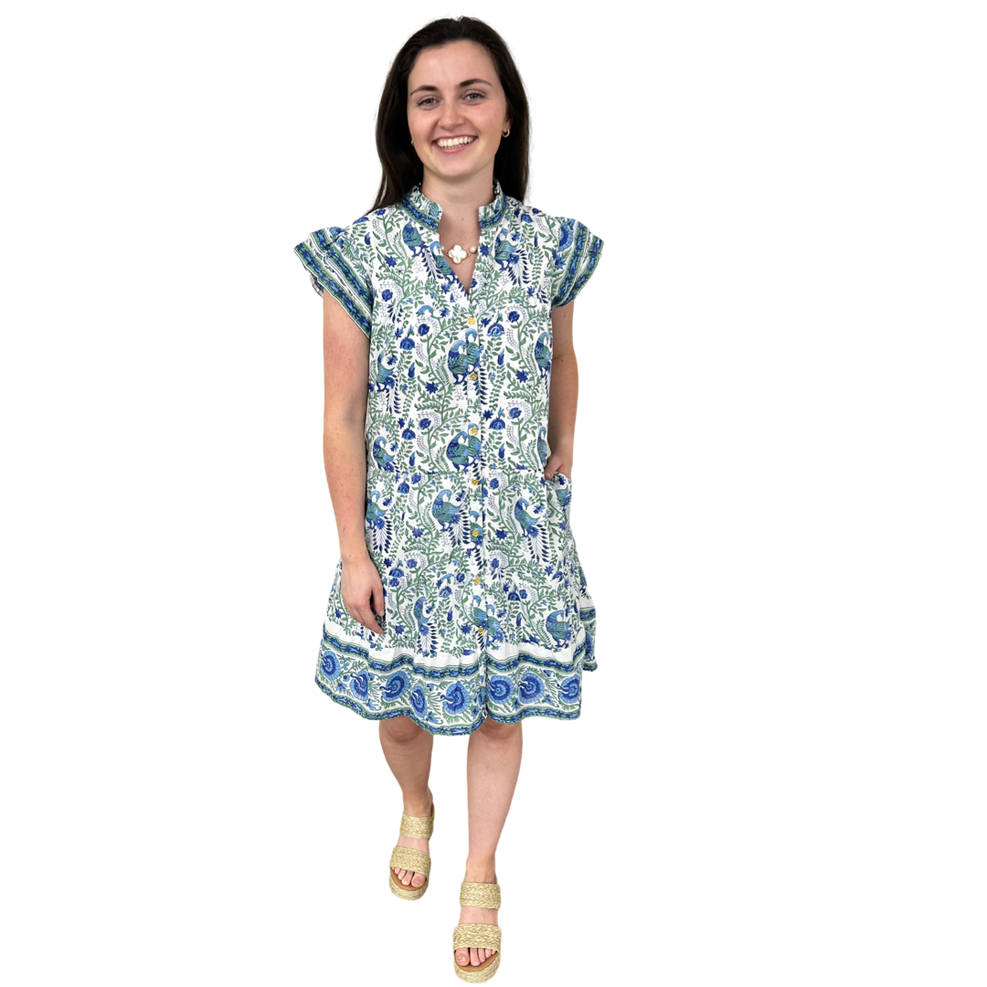 The Lacey Geen and Blue Border Print Cotton Dress — view 5