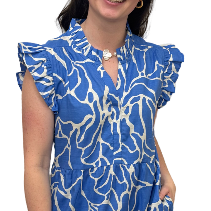 The Campbell Flutter Sleeve Dress in Brilliant Blue and White — view 3