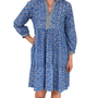 The Naomi Hand Block Printed Cotton Embroidered Dress in Brilliant Blue and White Floral
