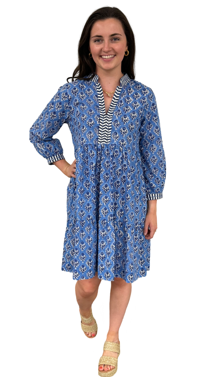 The Naomi Hand Block Printed Cotton Embroidered Dress in Brilliant Blue and White Floral