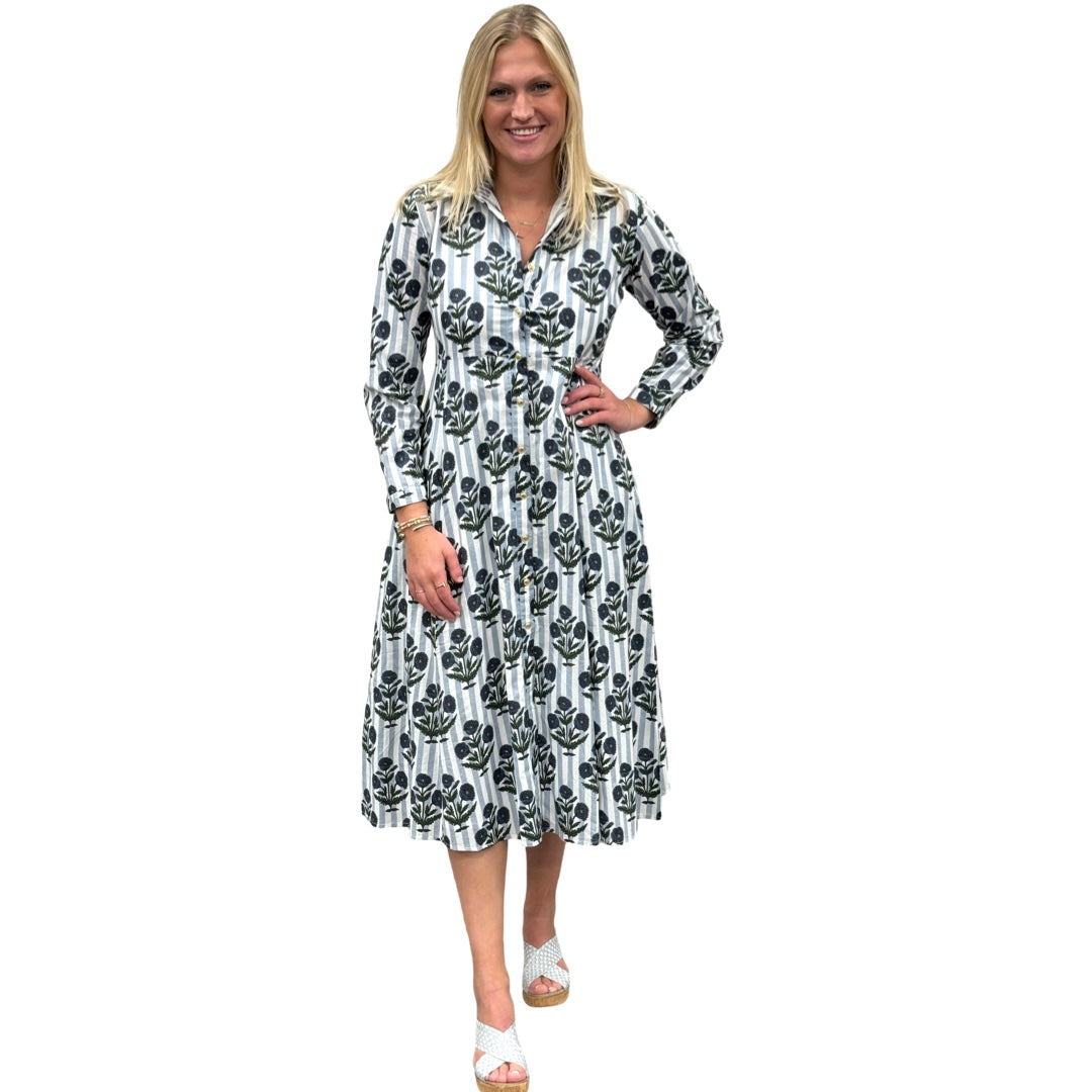 The Marion Cotton Hand Block Button Front Dress in Striped Slate Blue Floral — view 3