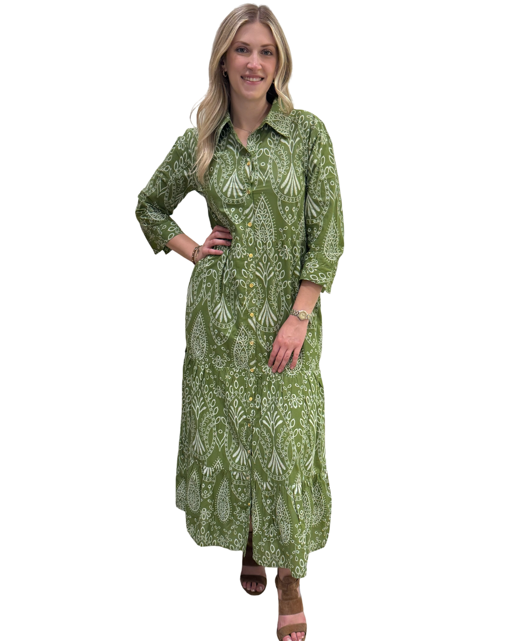 The Lucille Button Front Dress in Army Green — view 2