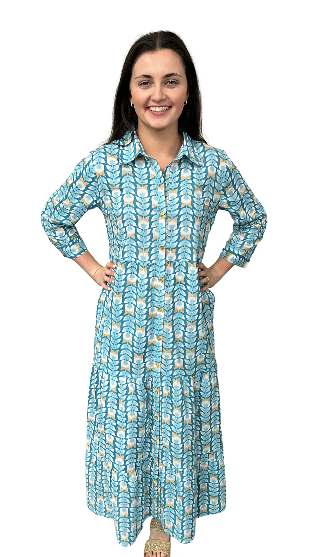 The Marion Button Front Dress in Turquoise — view 8