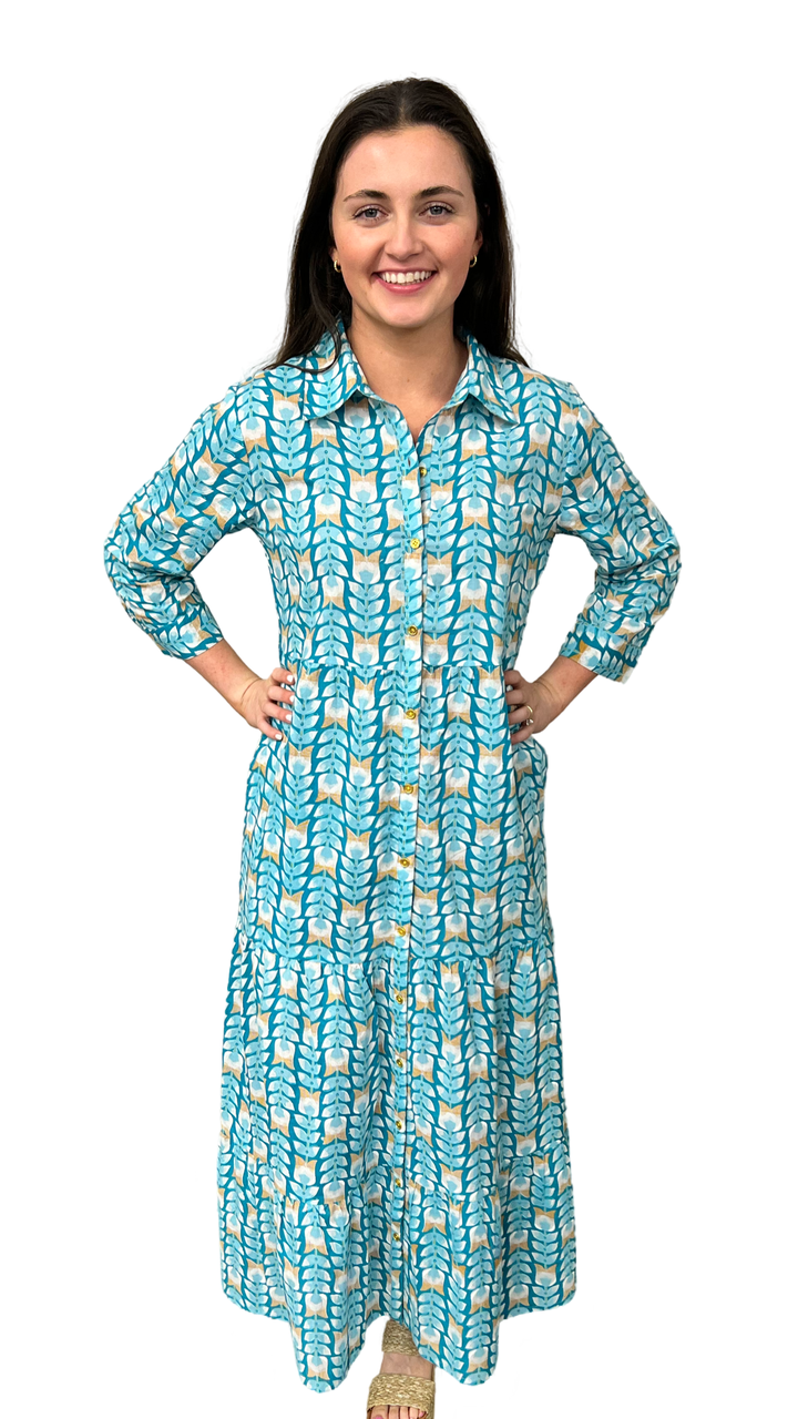 The Marion Button Front Dress in Turquoise — view 8