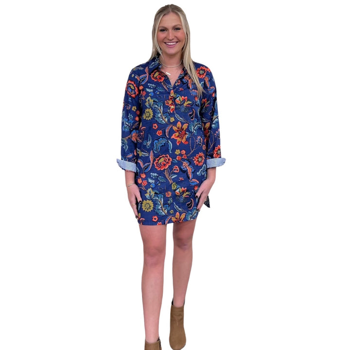 The Riley Cotton Shirt Dress in Blue Hand Blocked Floral — view 2