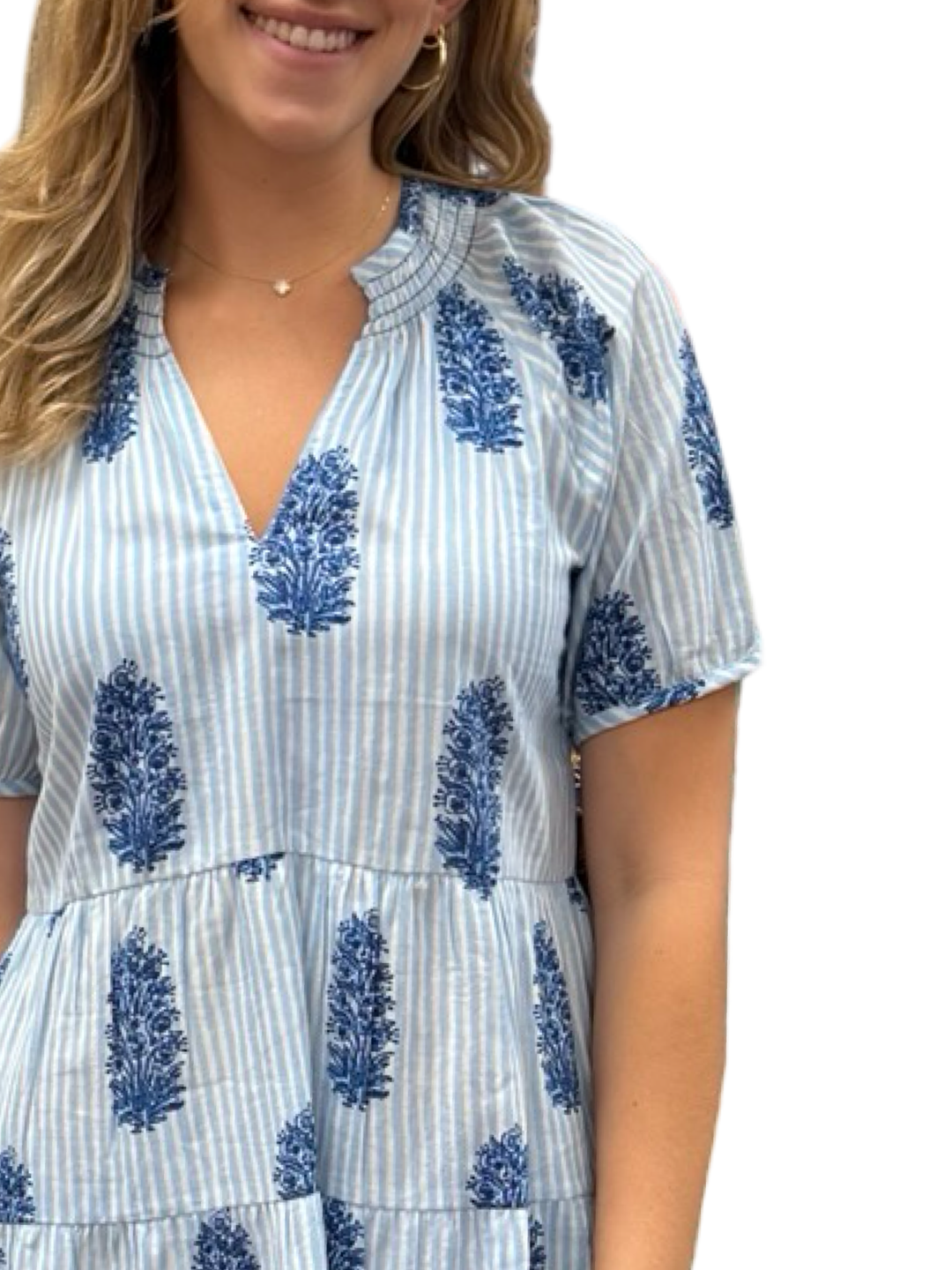 The Dahlia Smocked Neck Dress in Blue Striped Block Printed Cotton