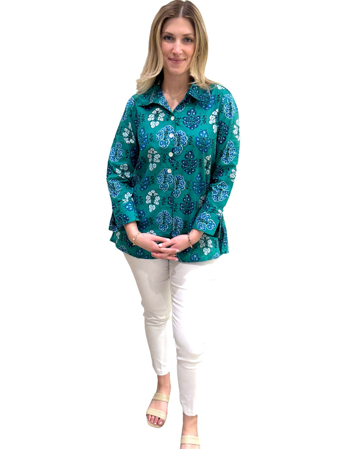 The Mason Button Front Tunic in Green Blue Floral Print — view 2