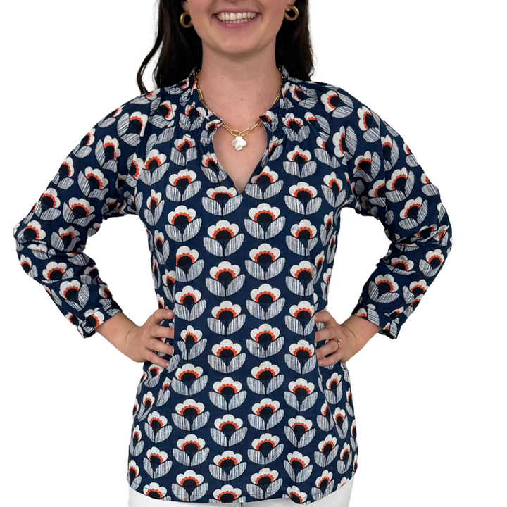 The Dahlia Smocked Neck Top in Navy and Orange Floral — view 6