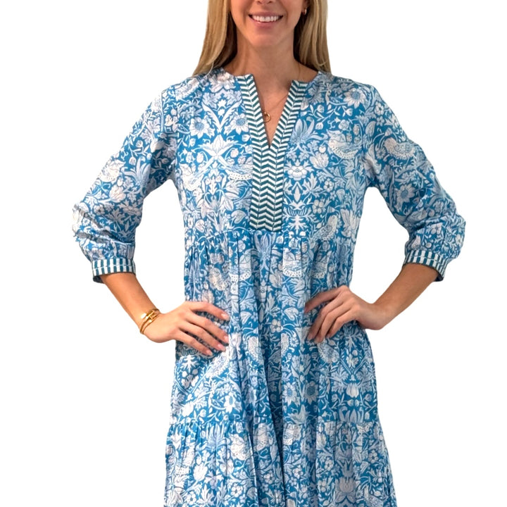 The Daniella Embroidered Trim Dress in Turquoise Hand Blocked Floral — view 6