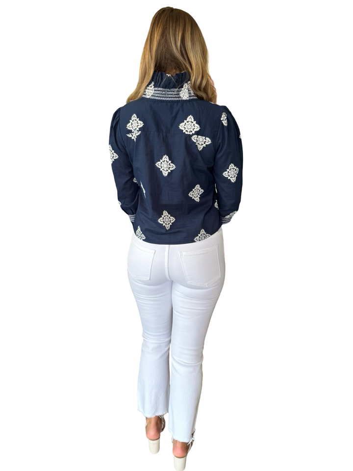 The Amelia Smocked Ruffle Top in Navy with White Embroidery — view 6