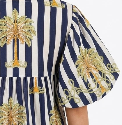 The Poppy Striped Palm Print Top in Navy and White — view 2